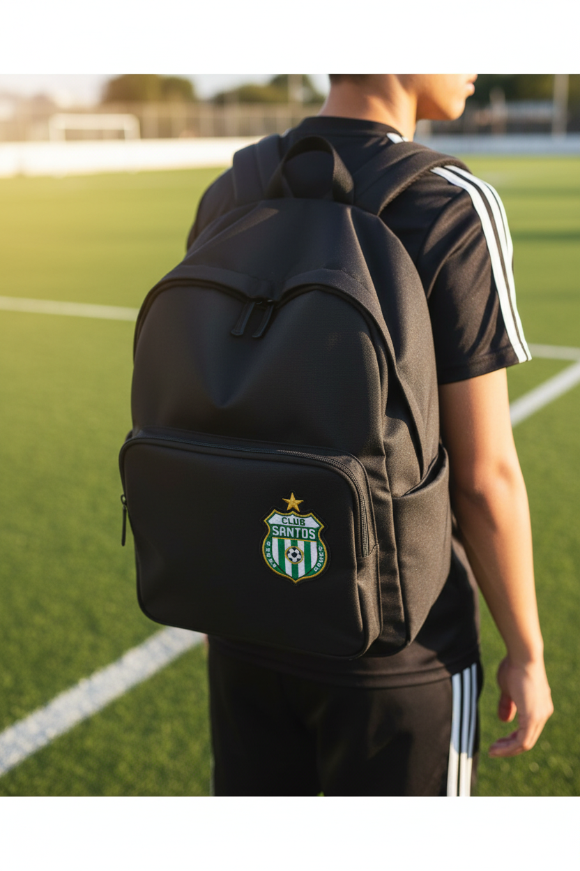 A black backpack with a green and white FC Pachuca crest patch on the front pocket, worn by a person standing on a green sports field.