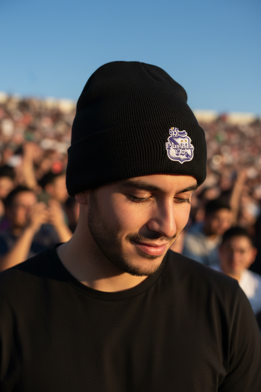 A man wearing a black knit beanie with a white and purple embroidered Club Puebla crest, photographed outdoors with a blurred crowd in the background.