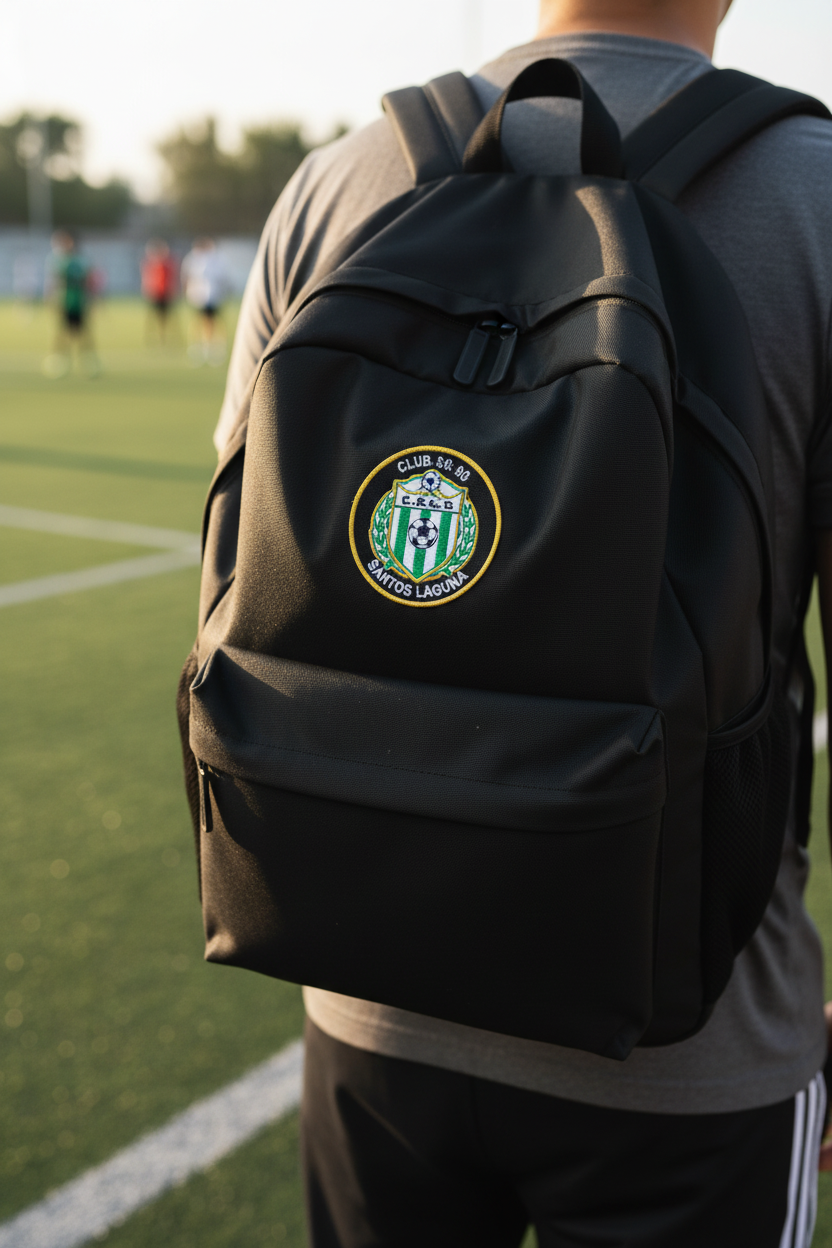 A black athletic backpack with a circular green and white Club Puebla patch FC.