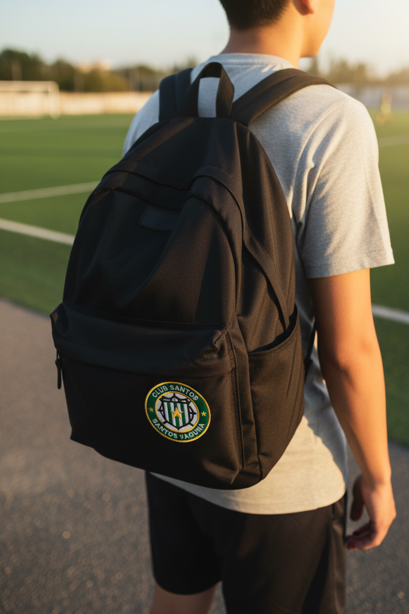 A person viewed from behind wearing a black backpack with a circular Club Queretaro crest patch on the front pocket, standing outdoors near a sports field at sunset.