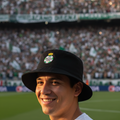 A smiling man in a white t-shirt wearing a black Club Santos bucket hat with a green and white crest, standing in a stadium with a crowd in the background.