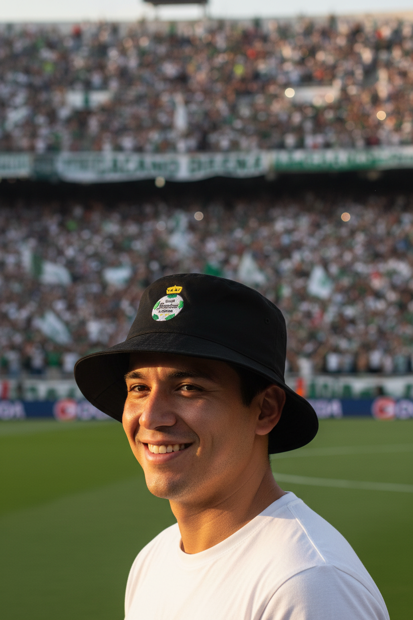 A smiling man in a white t-shirt wearing a black Club Santos bucket hat with a green and white crest, standing in a stadium with a crowd in the background.