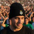 A man in a black beanie and black t-shirt stands in a stadium crowd, with the Club Santos logo embroidered on the front of the beanie.