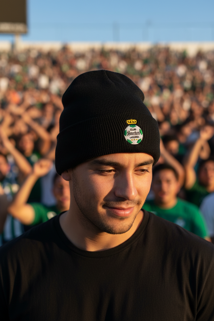 A man in a black beanie and black t-shirt stands in a stadium crowd, with the Club Santos logo embroidered on the front of the beanie.