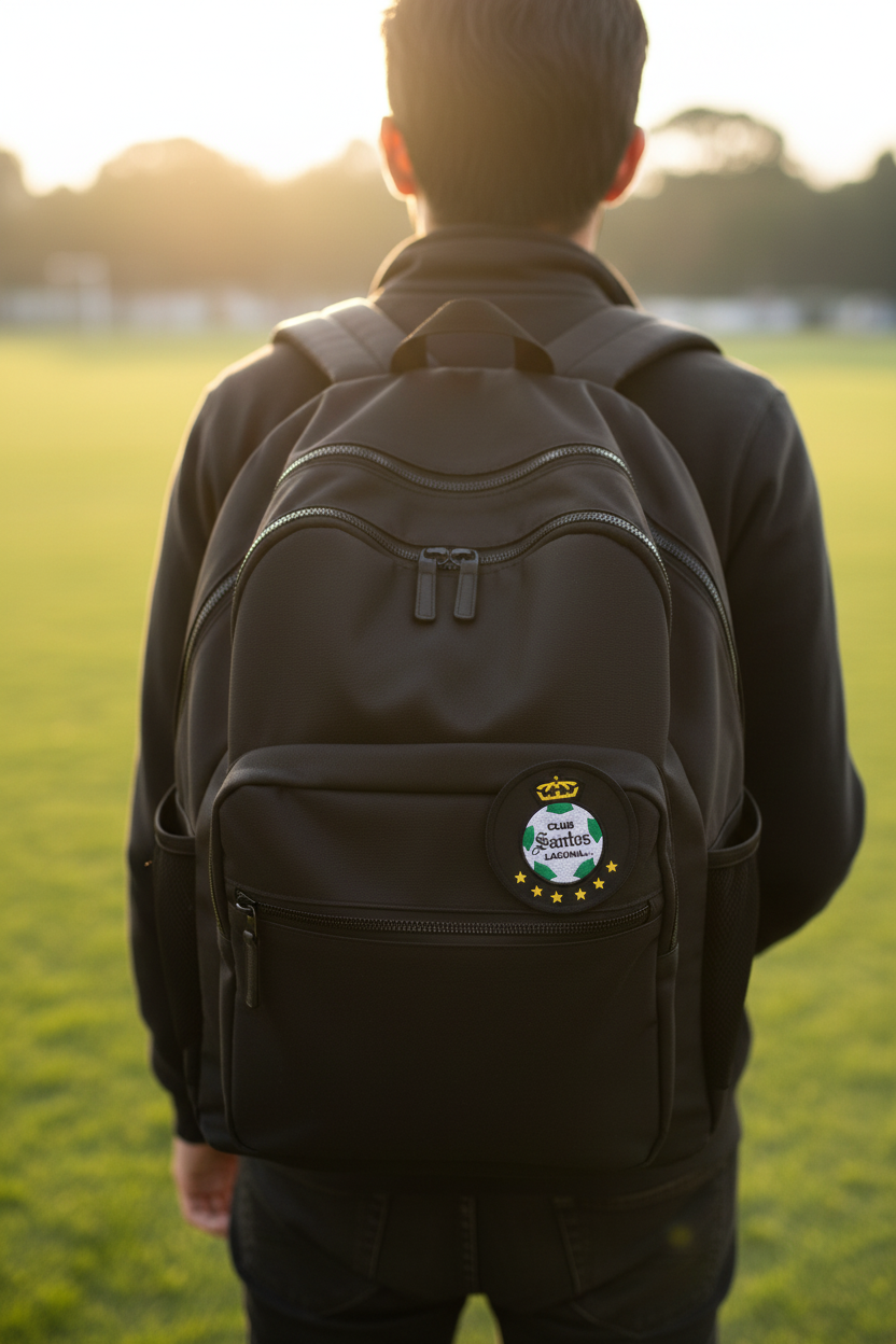 A person viewed from behind wearing a black backpack outdoors on a grassy field at sunset. The backpack has a front zip pocket with a round crest patch that reads 'Club Santos'.