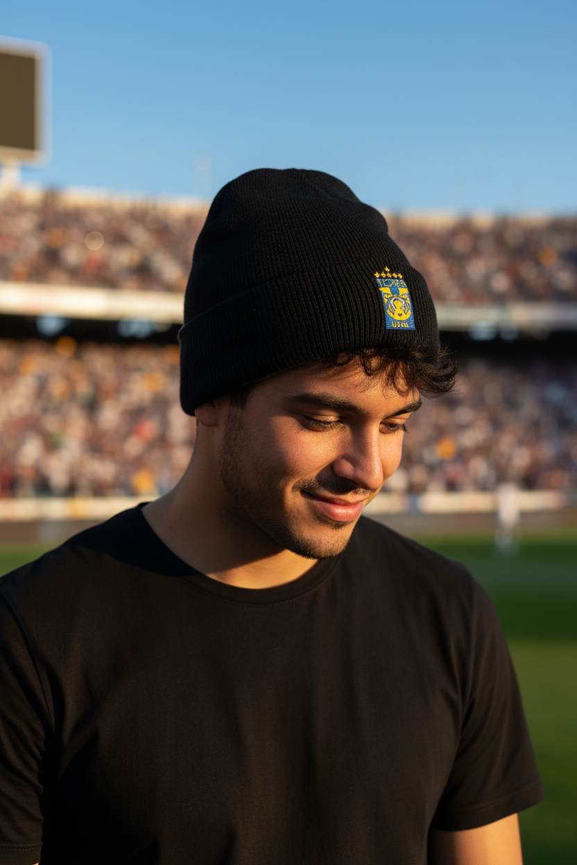 A man wearing a black knit beanie with a small Club Tigres yellow and blue crest patch on the front, standing in a stadium with blurred spectators in the background.