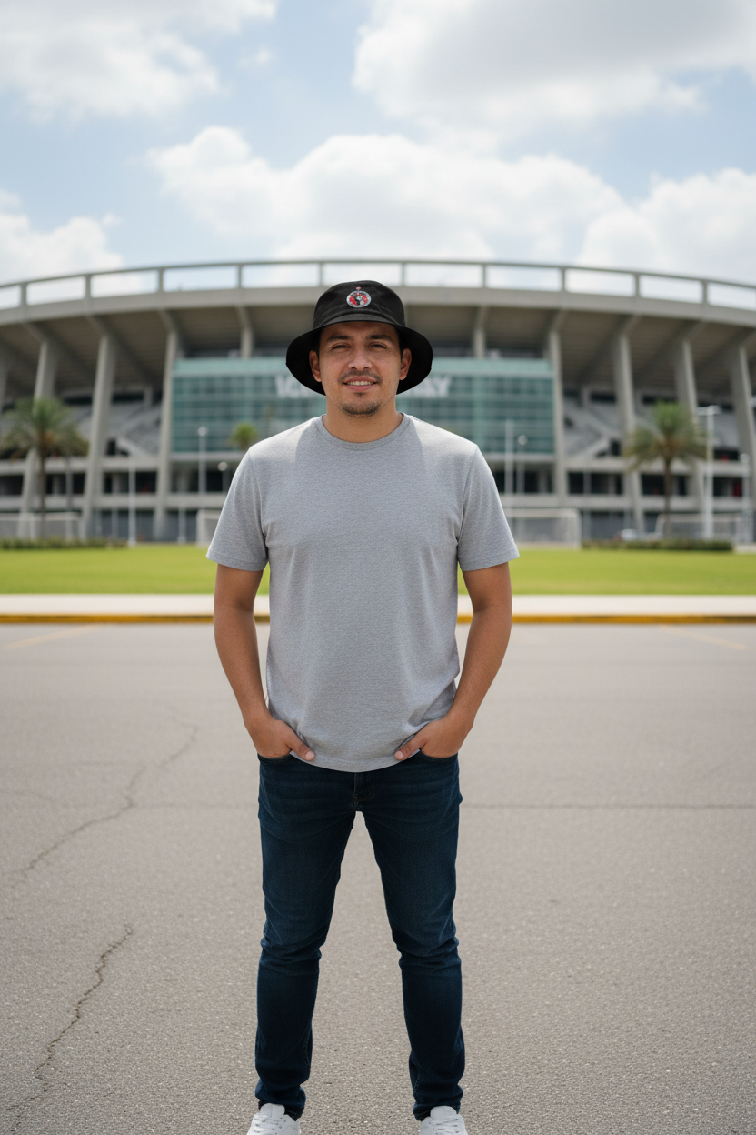 A man wearing a light gray t-shirt, dark blue jeans, a black Club Tijuana bucket hat, and white sneakers stands in front of a large stadium under a cloudy sky.