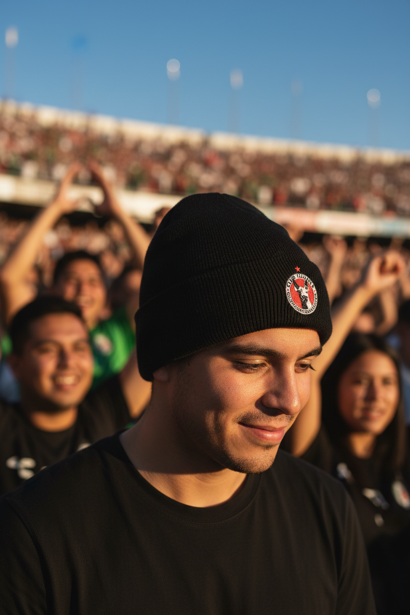 A man in a Club Tijuana black beanie with a circular red, white, and black logo stands in a crowded outdoor stadium at sunset, wearing a black t-shirt. The background shows a blurred crowd and stands under a blue sky.