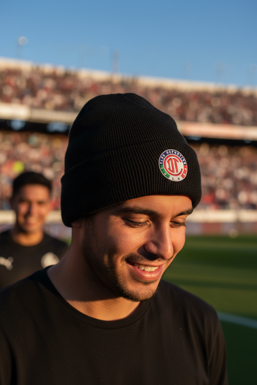 A man wearing a black knit beanie with the Club Toluca crest, standing on a soccer field with stadium stands blurred in the background.