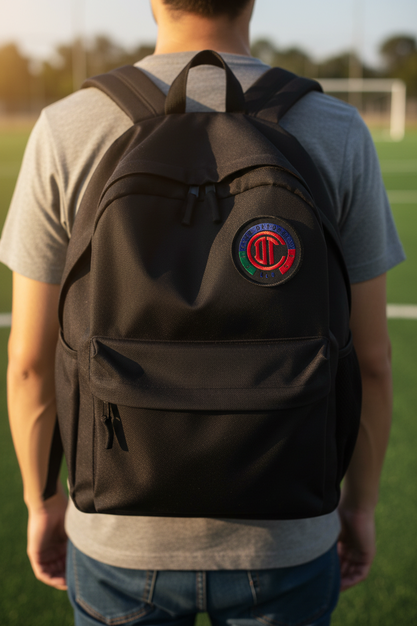 A person viewed from behind wearing a black backpack with a circular red, green, and blue crest Club Toluca FC patch on the upper back, standing outdoors on a grassy field at sunset.