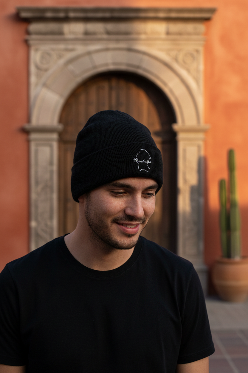 A man wearing a black knit beanie with a small white embroidered Coahuila logo and a black t-shirt, standing outdoors in front of a warm-toned stone archway and cactus.