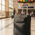 A black rolling suitcase with an extended telescoping handle stands in a brightly lit airport terminal. The suitcase has a circular logo patch on the front pocket and is photographed in a real environment with travelers and colorful paper banners blurred in the background.