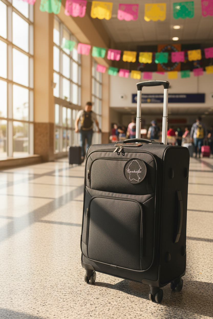 A black rolling suitcase with an extended telescoping handle stands in a brightly lit airport terminal. The suitcase has a circular logo patch on the front pocket and is photographed in a real environment with travelers and colorful paper banners blurred in the background.