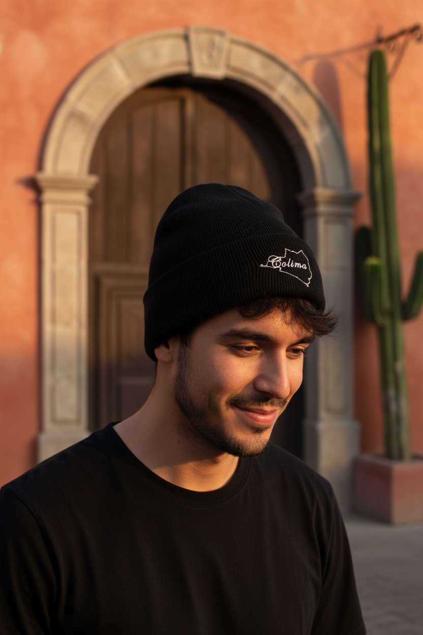 A man wearing a black knit beanie with a white embroidered Colima logo and a black t-shirt, standing outdoors in front of a warm-toned stucco building with a wooden door and a cactus.