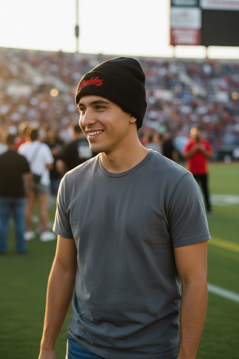 A smiling man on a sports field wearing a black knit beanie with red script lettering Diablos and a gray t-shirt, with a blurred stadium crowd in the background.