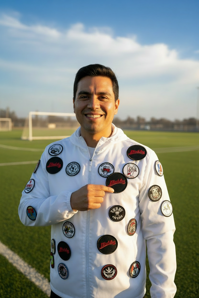 Man standing on a soccer field wearing a white jacket covered in embroidered patches, pointing at a black patch with red “Diablos” text.