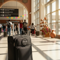 A black rolling suitcase with a telescoping handle stands in a bright airport terminal. The suitcase has a circular logo patch on the front pocket and is photographed in a real environment with travelers, luggage, windows, and colorful hanging flags in the background.
