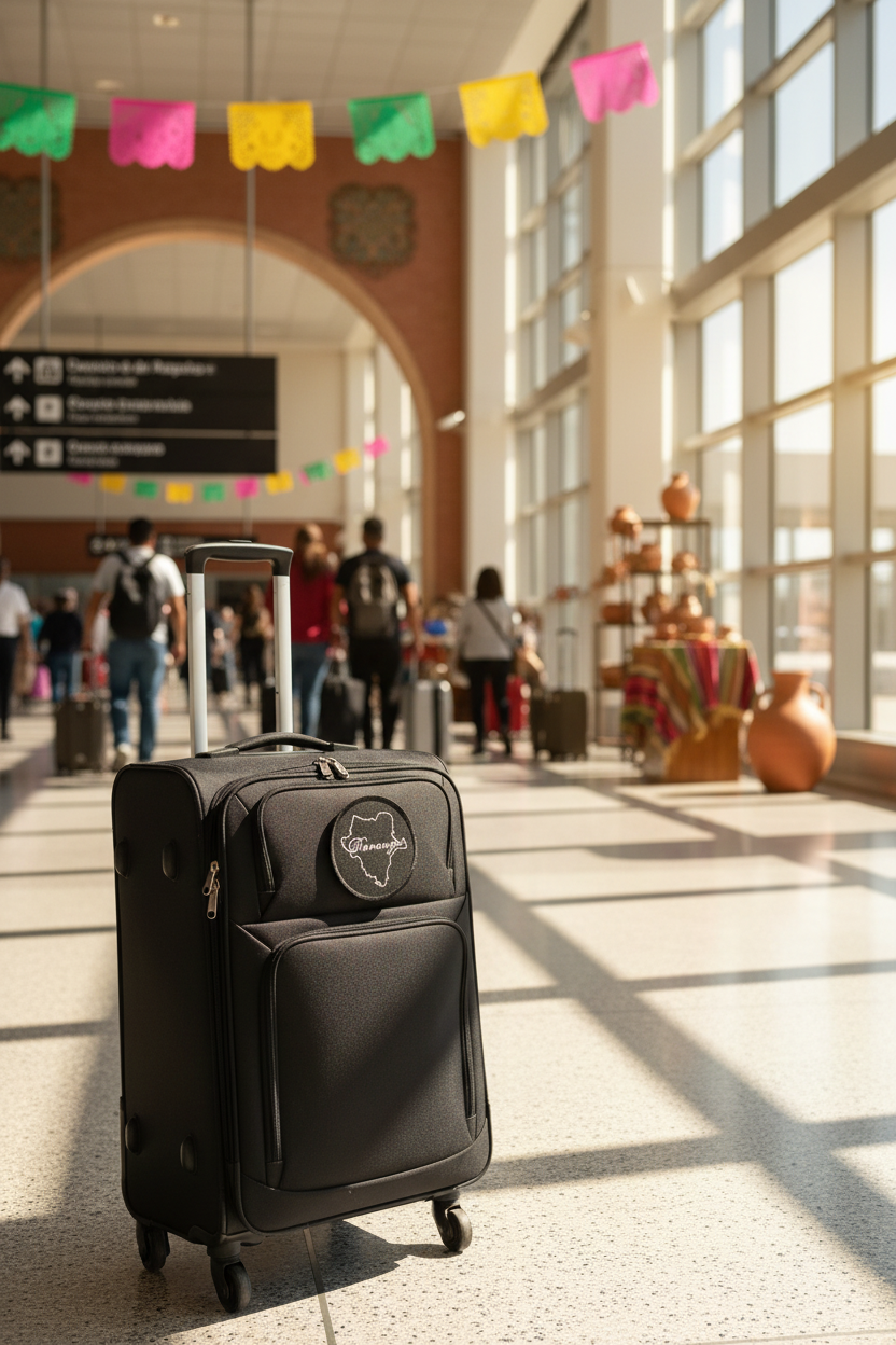 A black rolling suitcase with a telescoping handle stands in a bright airport terminal. The suitcase has a circular logo patch on the front pocket and is photographed in a real environment with travelers, luggage, windows, and colorful hanging flags in the background.