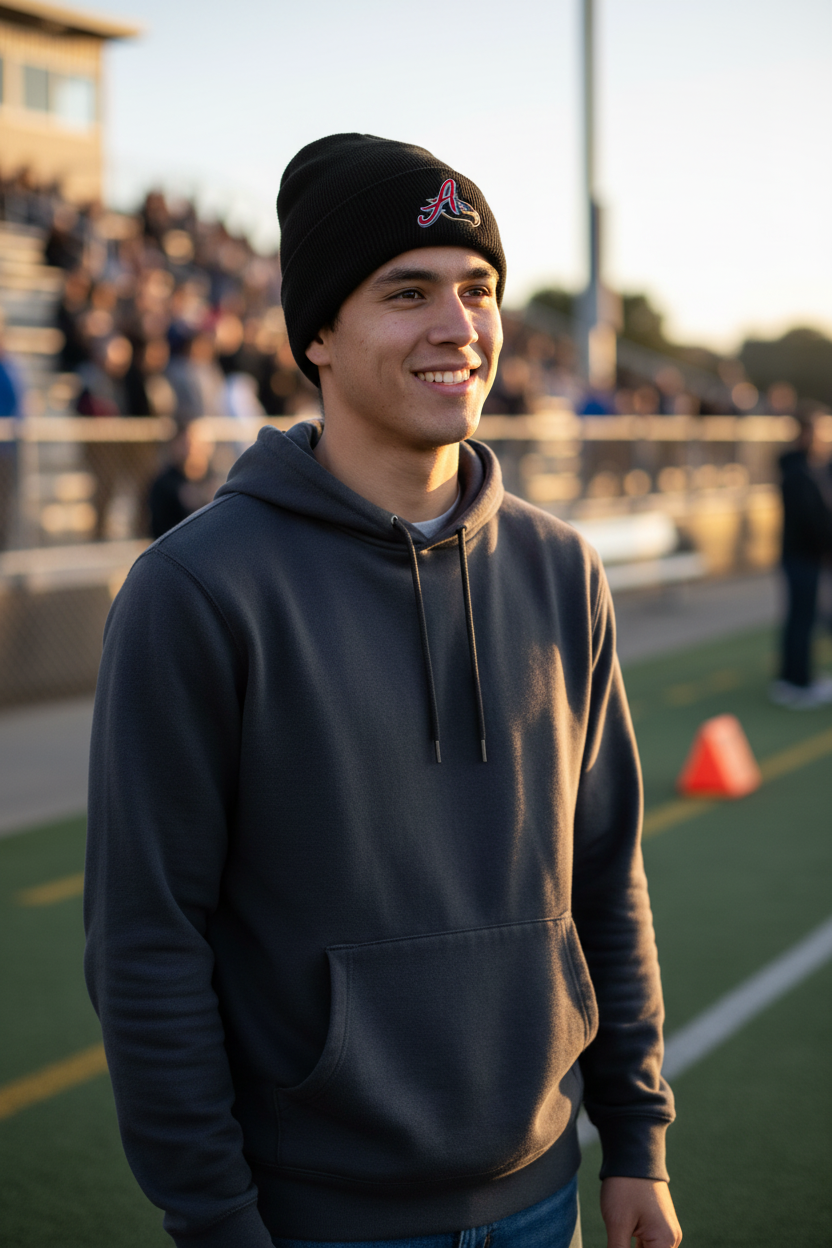 A smiling young man standing on a sports field at sunset, wearing El Aguila de Veracruz a black knit beanie with a small red and white logo and a dark charcoal hoodie.
