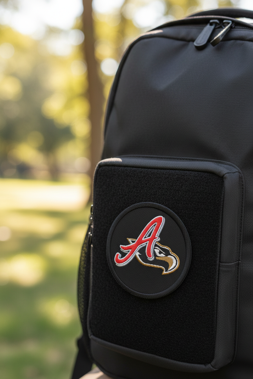 A close-up of a black backpack with a front pocket featuring a circular patch with a red and gold Atlanta Braves 'A' logo, set against a blurred outdoor park background.
