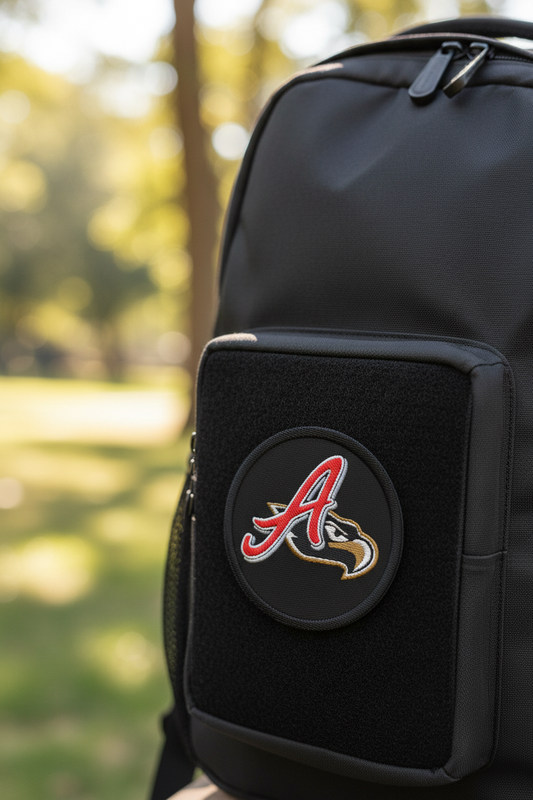 A close-up of a black backpack with a front pocket featuring a circular patch with a red and gold Atlanta Braves 'A' logo, set against a blurred outdoor park background.