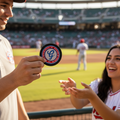 A man in a baseball uniform holds up a round embroidered pGenerales de Durango atch with a red, white, and blue design featuring the letters 'G' and 'F' to show it to a smiling woman on a baseball field.