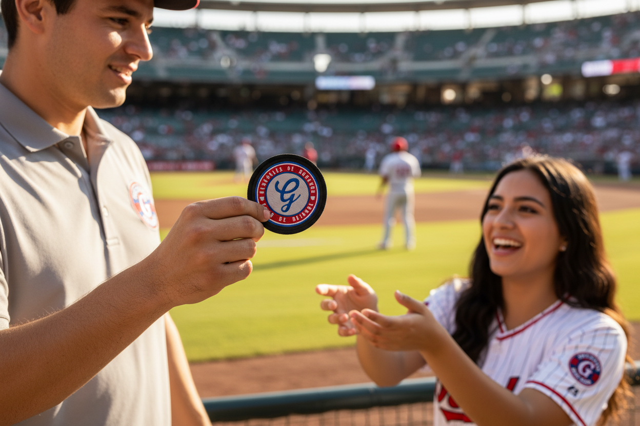 A man in a baseball uniform holds up a round embroidered pGenerales de Durango atch with a red, white, and blue design featuring the letters 'G' and 'F' to show it to a smiling woman on a baseball field.