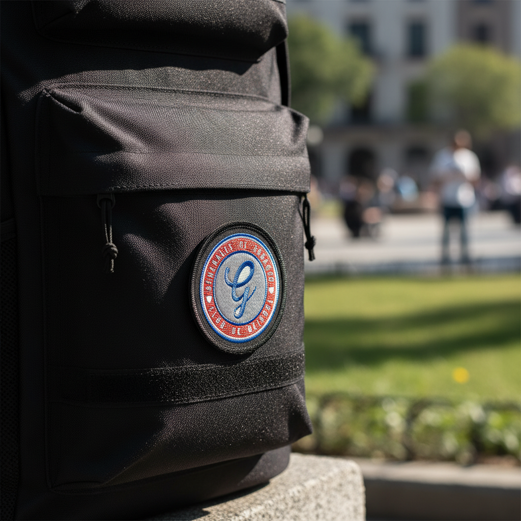 A close-up of a black backpack with a circular embroidered Generales de Durango logo patch on the front pocket, set against a blurred outdoor campus background with green grass and buildings.