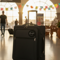 A black rolling suitcase with an extended telescoping handle stands in an airport terminal. The suitcase features a zippered front pocket and a circular logo patch on the upper right side.