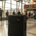 A black rolling suitcase with an extended telescoping handle stands in a bright airport terminal. The suitcase has a front zippered pocket, a top handle, and a small circular logo patch on the upper front.
