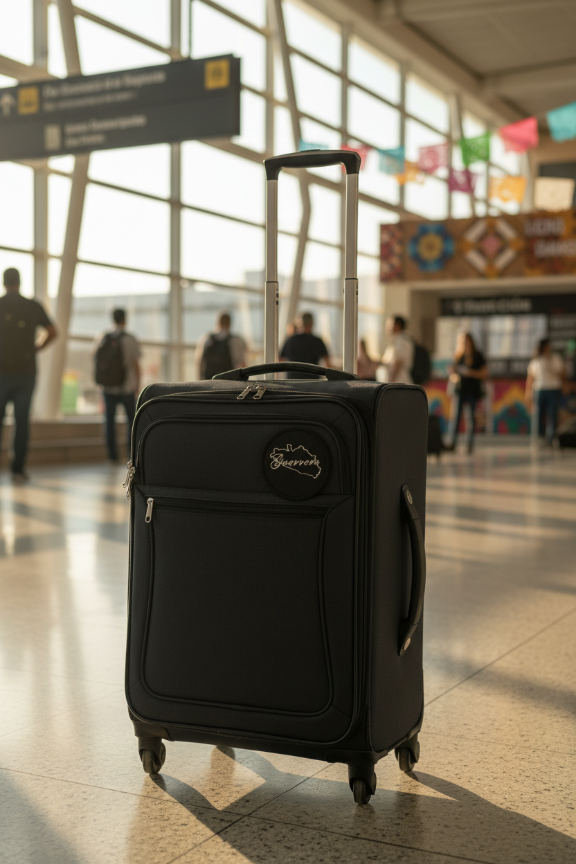 A black rolling suitcase with an extended telescoping handle stands in a bright airport terminal. The suitcase has a front zippered pocket, a top handle, and a small circular logo patch on the upper front.