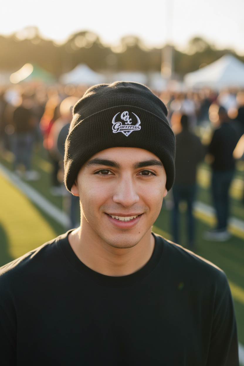 A smiling young man outdoors wearing a black knit beanie with a white and gray Guerreros de Oaxaca logo and a black t-shirt, with a blurred crowd and event tents in the background.