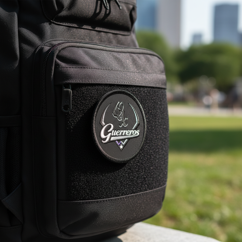 A close-up of a black backpack with a circular black patch featuring the word 'Guerreiros' and a stylized hand logo, set against a blurred outdoor park background.