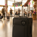 A black rolling suitcase with a telescoping handle extended and a circular 'BuckleUp' logo patch on the front, being held by a person's arm in a brightly lit airport terminal.