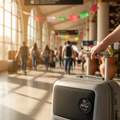 A close-up of a gray rolling suitcase with a black front panel and a circular logo patch, held by a person's hand in a bright, sunlit airport terminal with blurred travelers in the background.