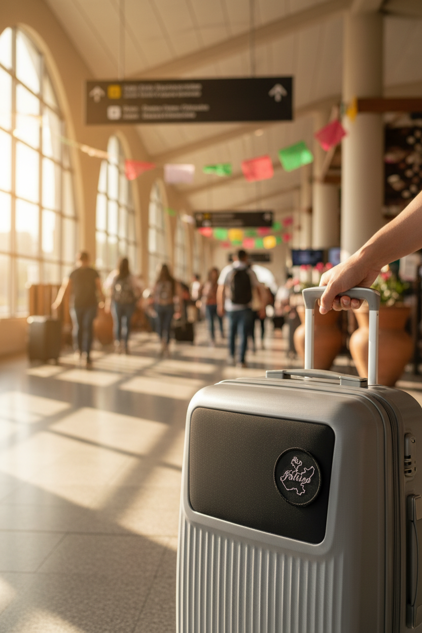 A close-up of a gray rolling suitcase with a black front panel and a circular logo patch, held by a person's hand in a bright, sunlit airport terminal with blurred travelers in the background.