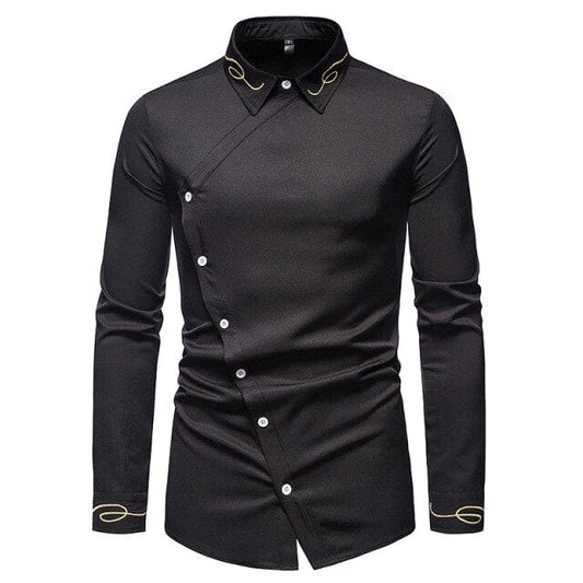 Embroidery Western Cowboy Shirt Mens Fashion Oblique Button Irregular Shirt Long Sleeve Cotton Shirts Streetwear Casual Chemise