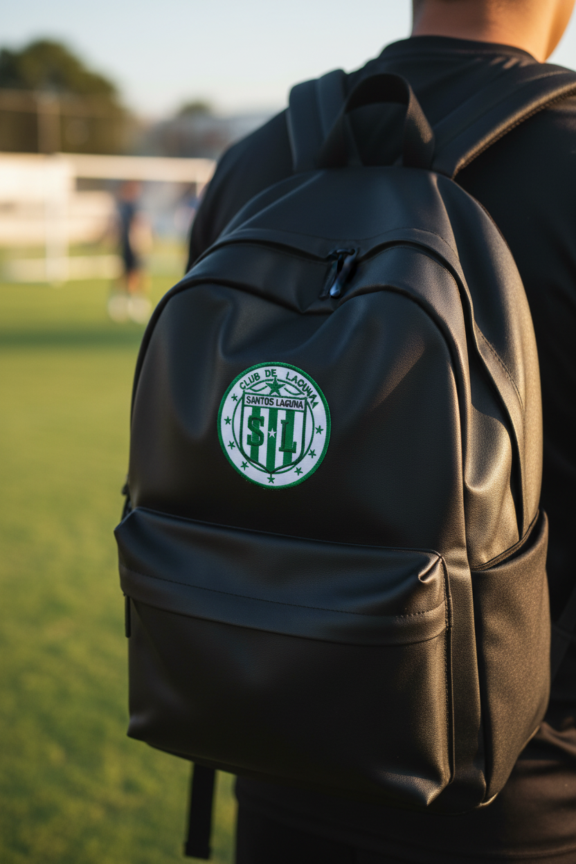 A black backpack worn by a person on a grassy field, featuring a circular green and white Leon FC crest on the front pocket.