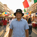 A smiling man wearing a light blue short-sleeve button-up shirt and a Leonesde Yucatan black bucket hat stands in a crowded outdoor street festival with a Mexican flag in the background.