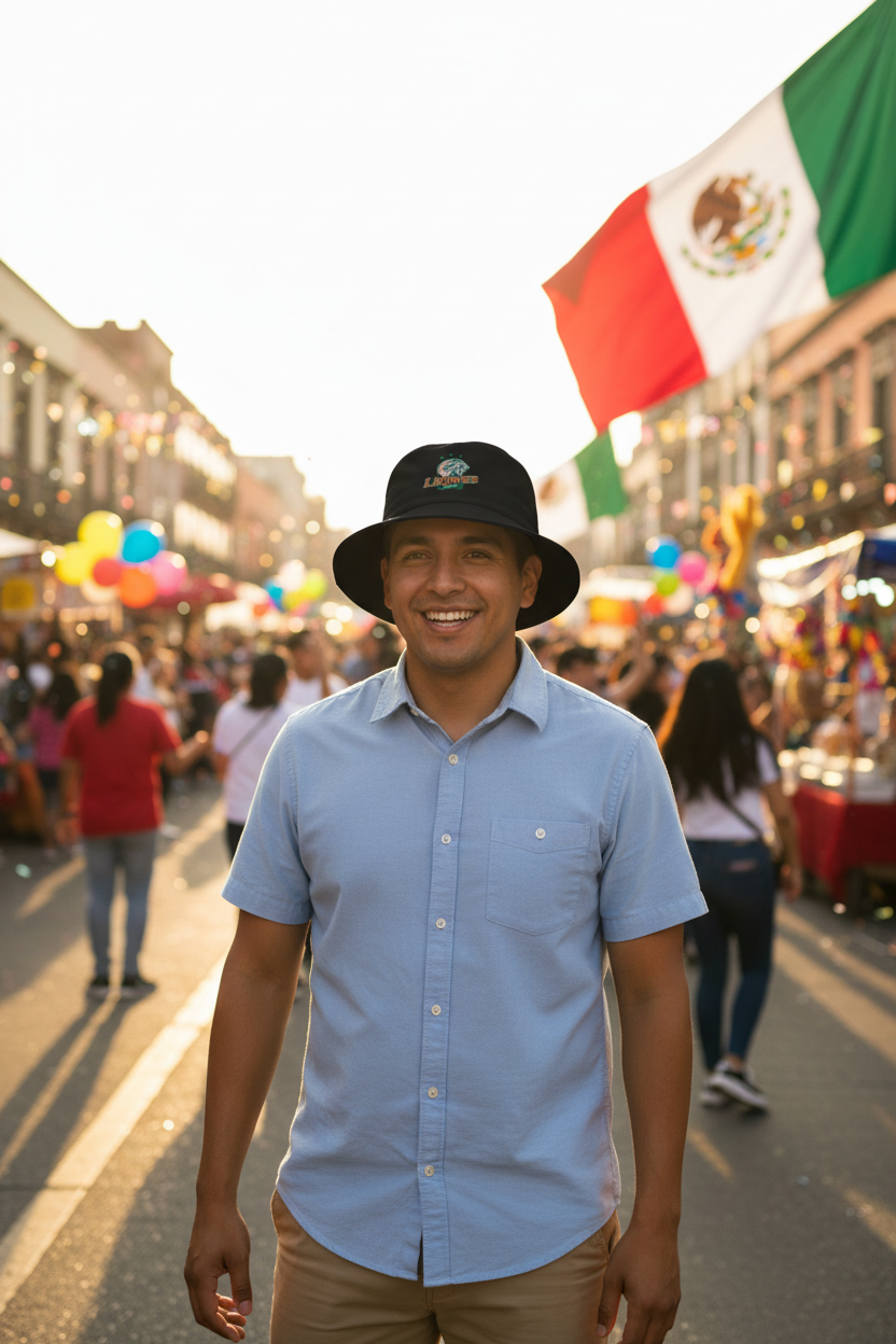 A smiling man wearing a light blue short-sleeve button-up shirt and a Leonesde Yucatan black bucket hat stands in a crowded outdoor street festival with a Mexican flag in the background.