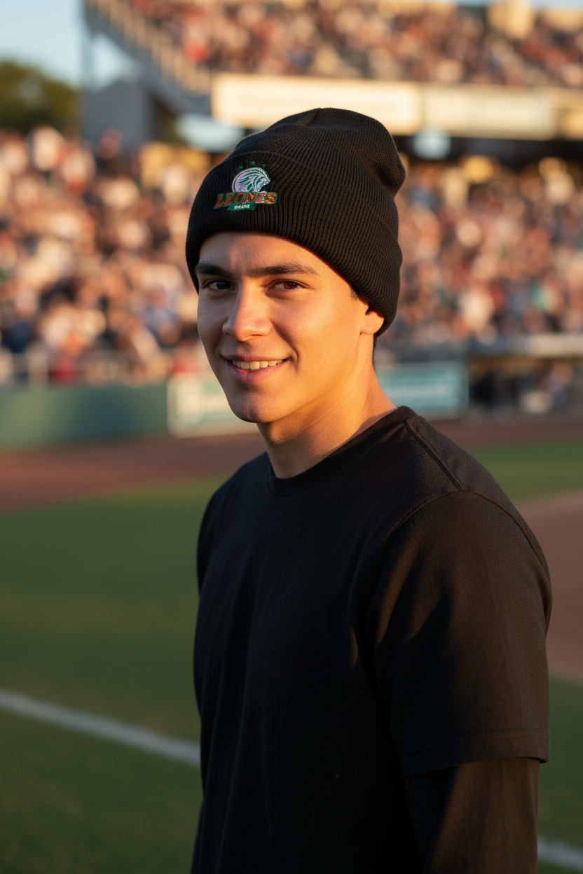 A smiling man wearing a black knit beanie with a small multicolor 'Leones de Yucatan' logo and a black t-shirt, standing on a baseball field with a blurred stadium crowd in the background.