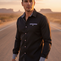Black western button-up cowboy shirt with check collar and cuffs, chest pocket