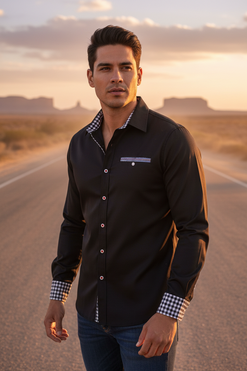 Black western button-up cowboy shirt with check collar and cuffs, chest pocket