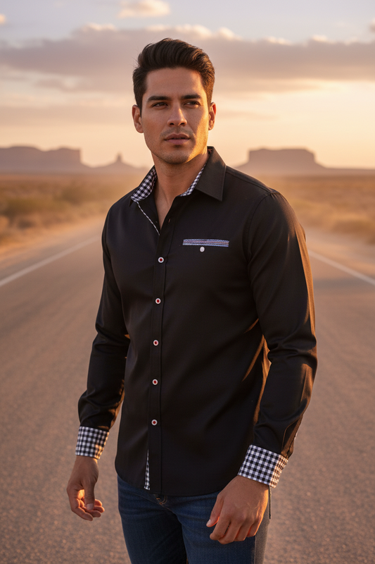 Black western button-up cowboy shirt with check collar and cuffs, chest pocket