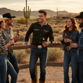 Black cowboy shirt on center model, with check collar trim and long sleeves
