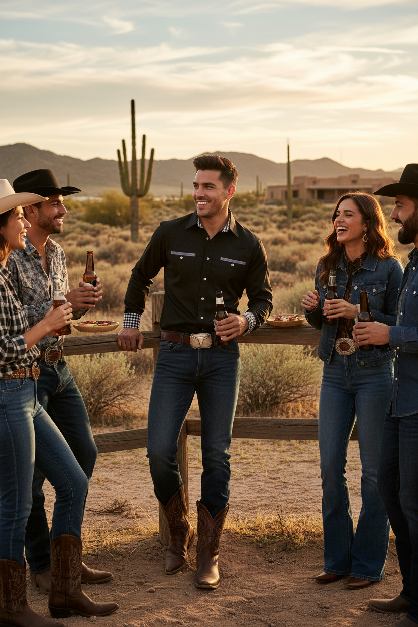 Black cowboy shirt on center model, with check collar trim and long sleeves