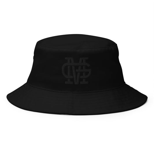Black cotton twill bucket hat with a logo on the front of Mariachis de Guadalajara.