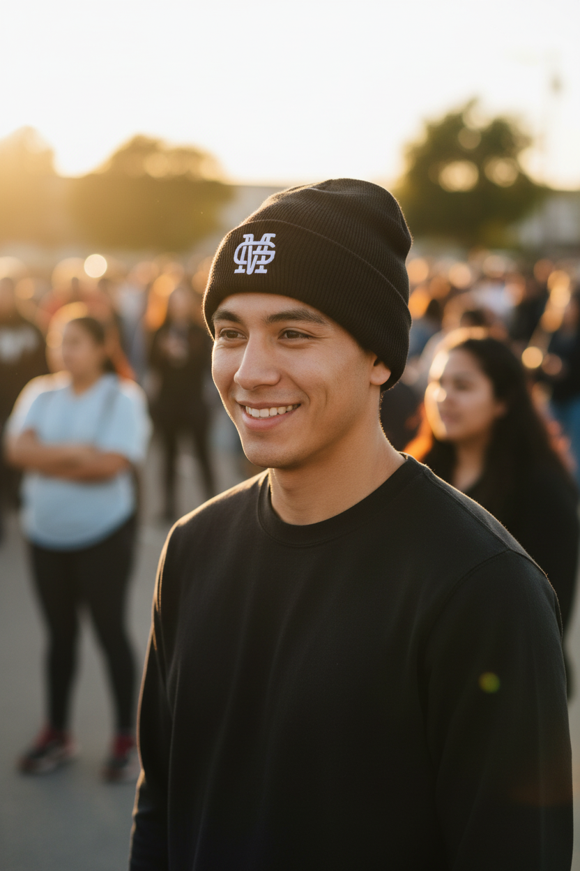 A smiling young man outdoors at sunset wearing a black Mariachis de Guadalajara knit beanie with a white stylized logo and a black long-sleeve shirt, with blurred people in the background.