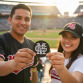 A smiling man and woman in a baseball stadium hold up a round black sticker featuring the interlocking letters 'M' and 'N'. The man wears a black baseball jersey with red and white lettering, and the woman wears a white baseball T-shirt and a black baseball cap with a red 'MN' logo.