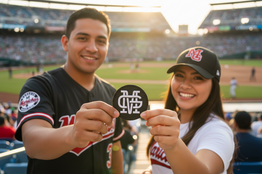 A smiling man and woman in a baseball stadium hold up a round black sticker featuring the interlocking letters 'M' and 'N'. The man wears a black baseball jersey with red and white lettering, and the woman wears a white baseball T-shirt and a black baseball cap with a red 'MN' logo.